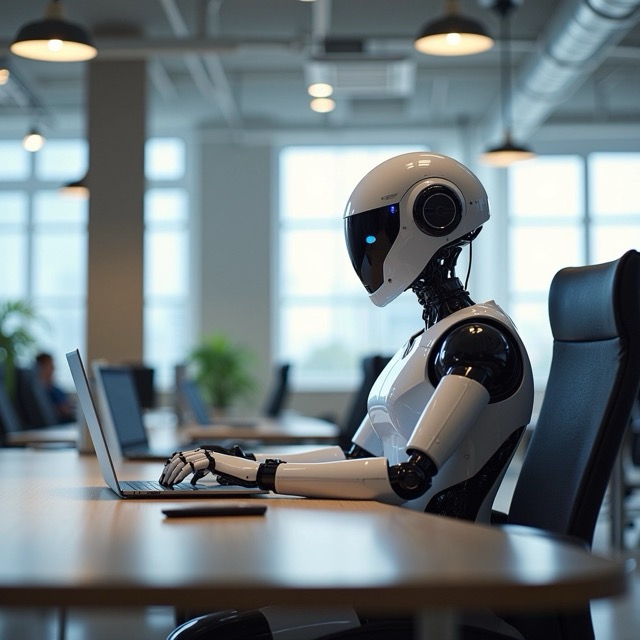 Android with slightly feminine features sitting in a big office room, sitting at a desk, working on a laptop.