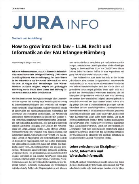 Screenshot der ersten Seite des Beitrags zum LL.M. Recht und Informatik in JURA 2025(7) I–III