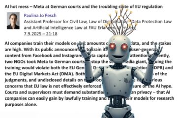 AI generated image of an overly excited worn out android with red eyes, cablehairs with lights in the end, smiling and lifting both arms up as if they summoned an entity, in front of a screenshot of the referred blog post