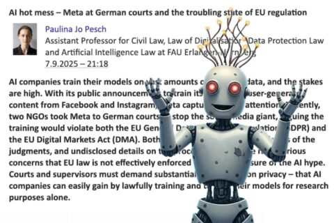 AI generated image of an overly excited worn out android with red eyes, cablehairs with lights in the end, smiling and lifting both arms up as if they summoned an entity, in front of a screenshot of the referred blog post