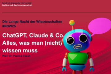 Titelfolie des Vortrags "ChatGPT, Claude & Co. – Alles, was man (nicht) wissen muss" mit KI-generiertem Androiden im Stil eines Animationsfilmcharakters über einen Chatbot.
